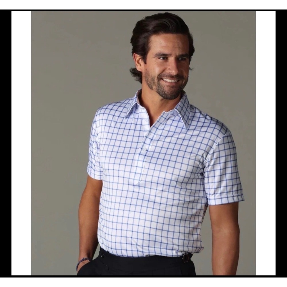 Collars & Co Mens Size 3XL Dress Collar Polo Blue White Windowpane Check NEW